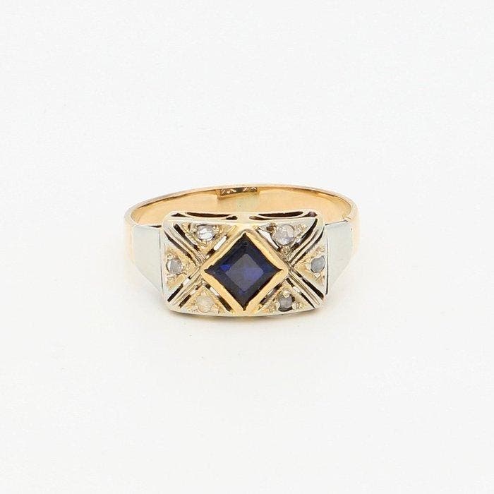 Ring - 18 karaat Geel goud, Witgoud - Saffier/Diamant, Handtassen en Accessoires, Ringen