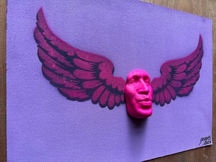 gregos - Flying kiss-purple and pink on violet background, Antiek en Kunst, Kunst | Designobjecten