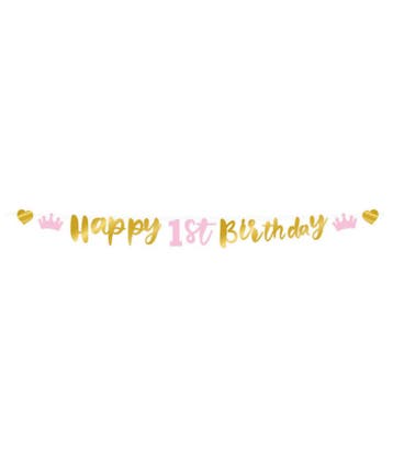 Happy 1St Birthday Letterslinger Goud Roze, Verzenden, Nieuw