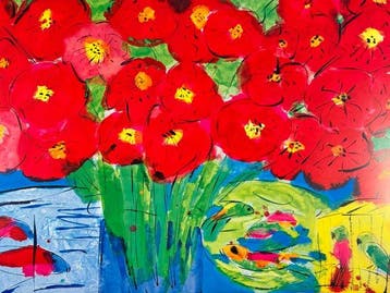 Walasse Ting - Fiori rossi con pesci e pappagalli Yves