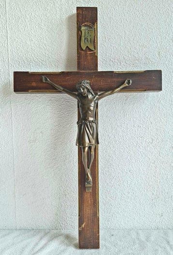 INRI - Beeld, Muur Kruisbeeld - 61 cm - Hout, Messing