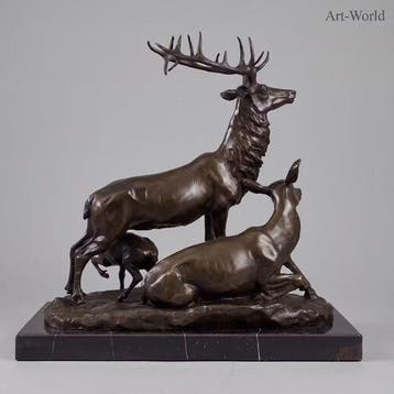 Statue, Herten familie 39.5 cm - 39.5 cm - Bronze, Marbre, Antiek en Kunst