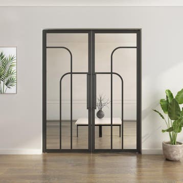 Dubbele stalen taatsdeur Zwart 4 Vlaks rond Helder glas, Minder dan 80 cm, Overige typen, Nieuw, Metaal