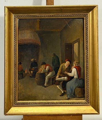 Scuola fiamminga (XIX) - Interno di taverna con figure, Antiek en Kunst