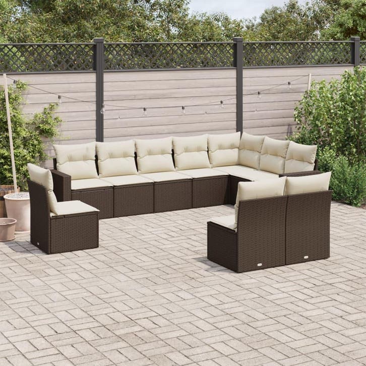 vidaXL 10-delige Loungeset met kussens poly rattan bruin, Jardin & Terrasse, Ensembles de jardin, Envoi