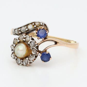 Ring - 14 karaat Roségoud, Zilver Parel - Saffier -