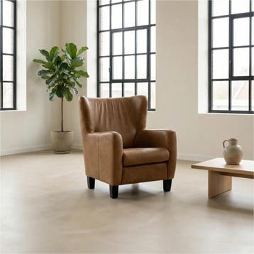 Leren fauteuil Hug - Kenia Brown (bruin) - Poten hout zwart, Huis en Inrichting, Fauteuils, Nieuw, Ophalen of Verzenden, 75 tot 100 cm