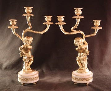 Paar antieke vergulde kandelaars - Kandelaber (2) - Brons,, Antiek en Kunst