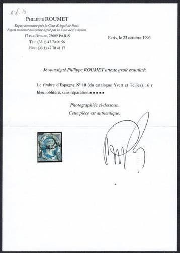 Espagne 1851 - Isabel II 6r Azul - Certificat Roumet -