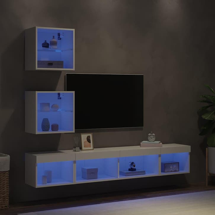vidaXL 5-delige Tv-wandmeubelset met LED-verlichting bewerkt, Maison & Meubles, Armoires | Mobilier de télévision, Envoi