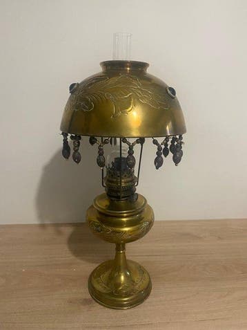 Tafellamp - Messing, Glas - kerosinelamp, Antiek en Kunst