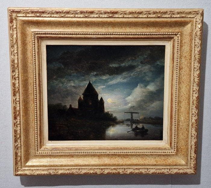 Jacob Abels (1803-1866) - Rivier met boot in maanlicht, Antiek en Kunst, Kunst | Schilderijen | Klassiek