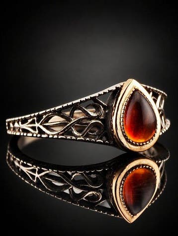 Bague en ambre en forme de larme - argent sterling 925 -