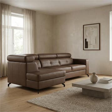 Leren hoekbank Nova - 2.5-zits arm rechts + Longchair arm, 250 tot 300 cm, Bohemian, Industrieel, Modern, Scandinavisch, Nieuw