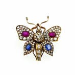 Gouden broche van een vlinder met diamant, robijn en saff..., Bijoux, Sacs & Beauté, Broches, Ophalen of Verzenden