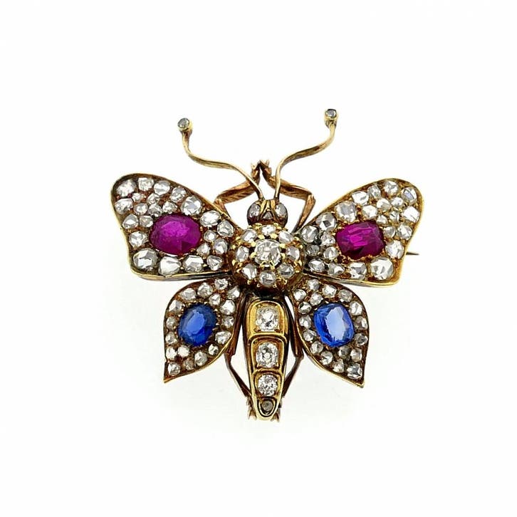 Gouden broche van een vlinder met diamant, robijn en saff..., Bijoux, Sacs & Beauté, Broches, Enlèvement ou Envoi