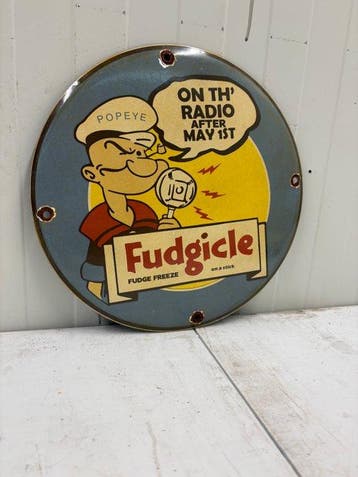Popeye – Fudgicle Ice Cream – Rond Emaille Reclamebord -, Nieuw in verpakking