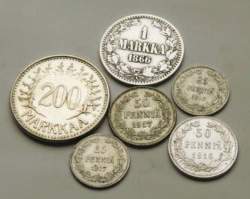 Finland. Lot of 6 coins, various denominations 1866/1957, Gestempeld