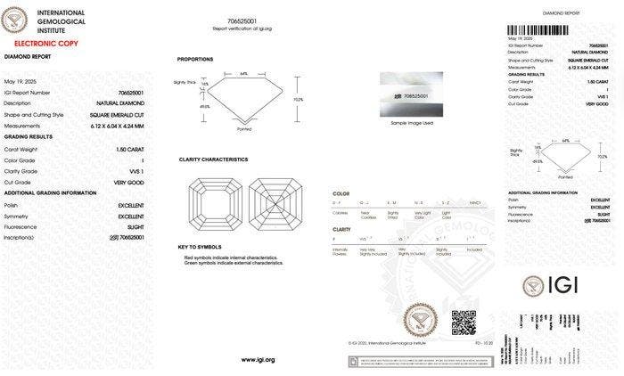 1 pcs Diamant (Natuurlijk) - 1.50 ct - Carré - I - VVS1 -, Bijoux, Sacs & Beauté, Pierres précieuses