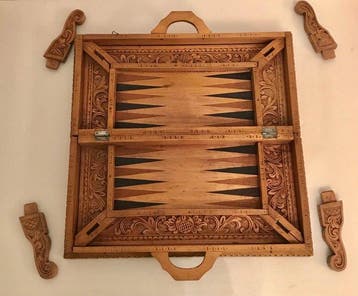 Échiquier + backgammon en bois sculpté fait à la main,