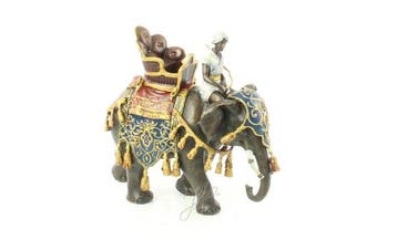 Statue, Bronzen sculptuur van een olifant met rijder - 23 cm, Antiek en Kunst
