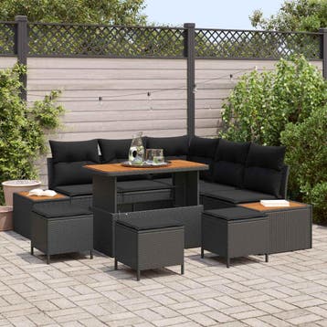 vidaXL Tuinbank Set 9 pcs Zwart Poly Riet en Poedergecoat, Tuin en Terras, Verzenden, Nieuw