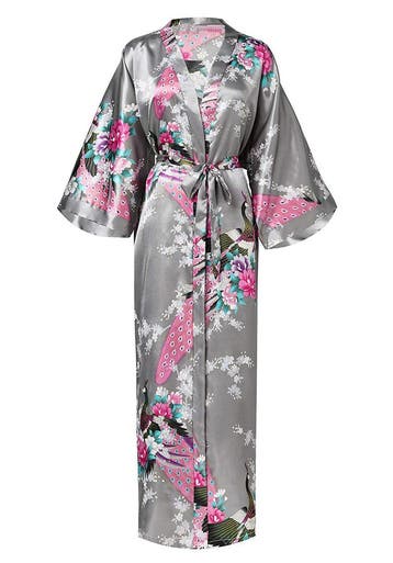 KIMU® Kimono Grijs Maxi S-M Yukata Satijn Lang Lange Grijze, Ophalen of Verzenden, Nieuw