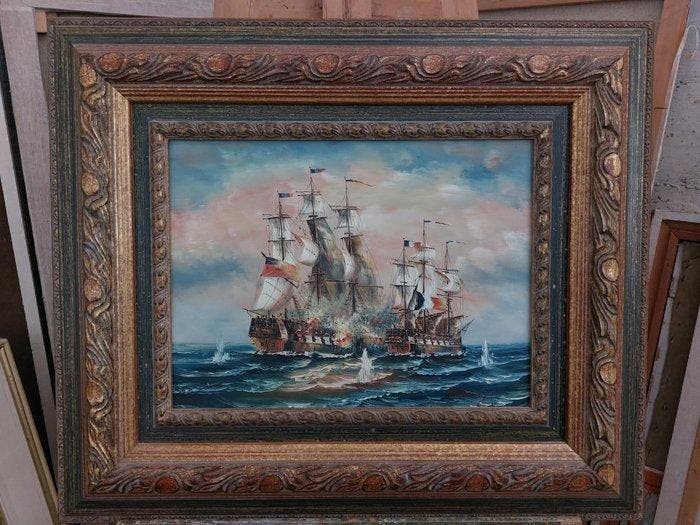Scuola europea (XX), firmato J. Harvey - Battaglia navale, Antiquités & Art, Art | Peinture | Classique