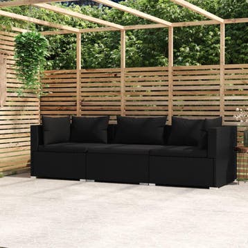 vidaXL Driezitsbank met kussens poly rattan zwart, Verzenden