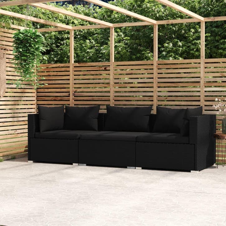 vidaXL Driezitsbank met kussens poly rattan zwart, Tuin en Terras, Tuinsets en Loungesets, Nieuw, Verzenden