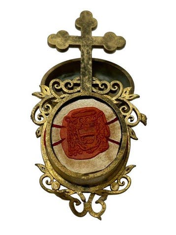 Reliekhouder - Brons, Gouden cartouche, Glas, Hout - 20e