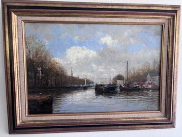 Frits Goosen (1943-) - Hollands riviergezicht met schepen en