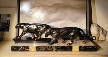 Alexander Ouline - sculptuur, Dos panteras en marcha - 20 cm