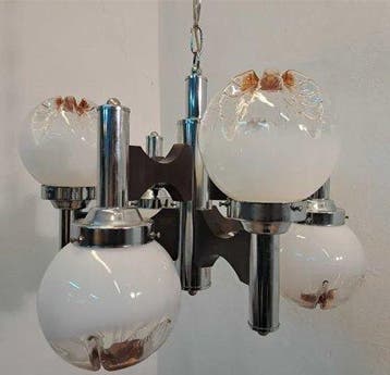 Plafondlamp - Staal, Glas, Hout - Hanglamp uit de