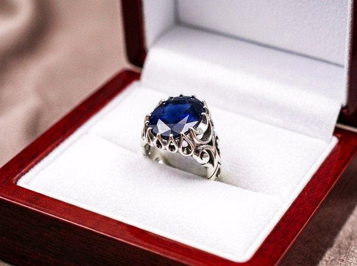 Zonder minimumprijs - Ring Zilver - 12.50ct. tw. Saffier -, Bijoux, Sacs & Beauté, Bagues