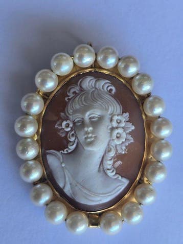 Broche - 18 carats Or jaune, Pearl, Handtassen en Accessoires, Antieke sieraden