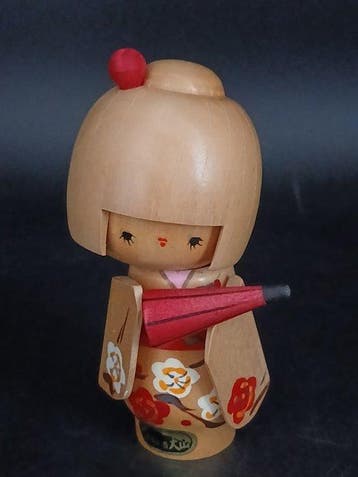 Beeldje - Vintage Sosaku Kokeshi-pop met Wagasa (paraplu) –, Antiek en Kunst