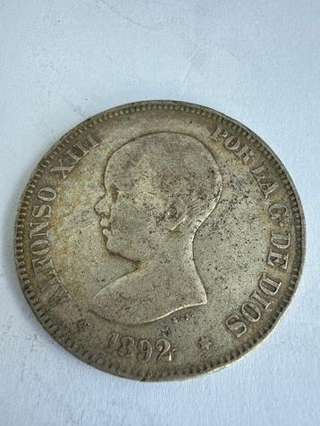 Spanje. Alfonso XIII. 5 Pesetas 1892 PGM (Zonder