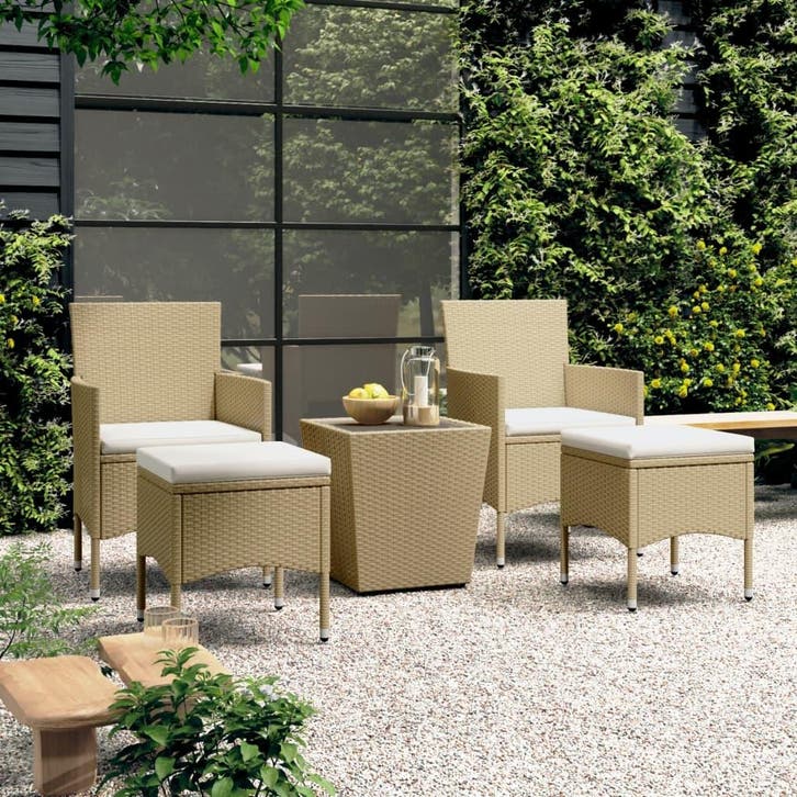 vidaXL 5-delige Bistroset poly rattan en gehard glas beige, Tuin en Terras, Tuinsets en Loungesets, Nieuw, Verzenden
