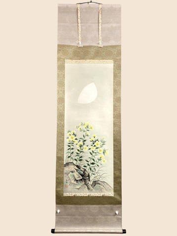 Japanse hangscroll - Bloemen onder maanlicht - Zijde -