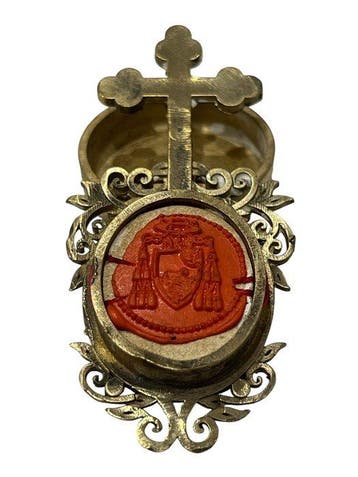 Reliekhouder - Brons, Gouden cartouche, Glas, Textiel - 20e