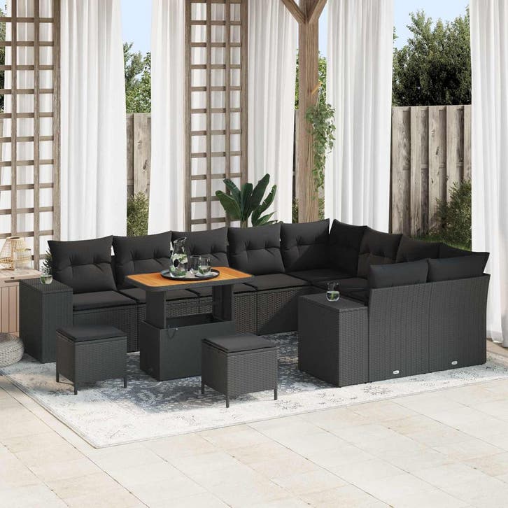 vidaXL Tuinbank Set met kussen 12 pcs Zwart poly rattan, Tuin en Terras, Tuinsets en Loungesets, Nieuw, Verzenden