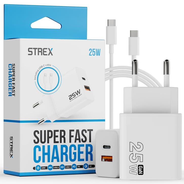 Strex USB Oplader 25W - Snellader met USB-A & USB-C - GaN -, Télécoms, Téléphonie mobile | Chargeurs pour téléphone, Envoi