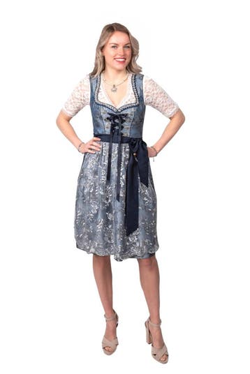 Dirndl 2-teilig, blau/grau Blumen, Verzenden