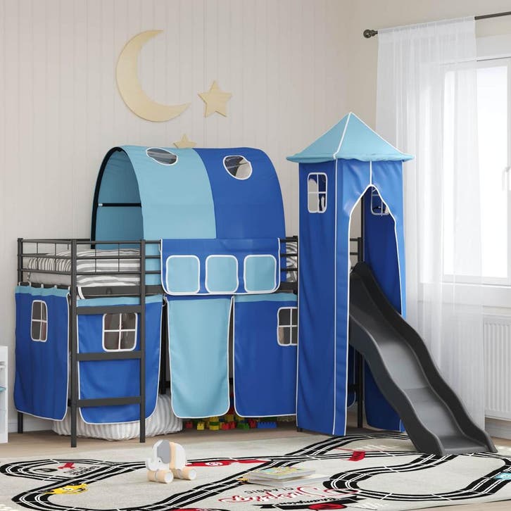 vidaXL Kidsloftbedframe Zwart en Blauw 75 x 190 cm Metaal, Huis en Inrichting, Slaapkamer | Bedden, Nieuw, Verzenden