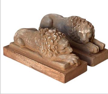 sculptuur, Leoni coppia 27 cm sdraiati - 17 cm - Steen, Antiek en Kunst