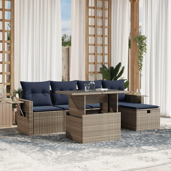 vidaXL 6-delige tuinbankset met kussens, grijs polyrotan, Tuin en Terras, Tuinsets en Loungesets, Nieuw, Verzenden