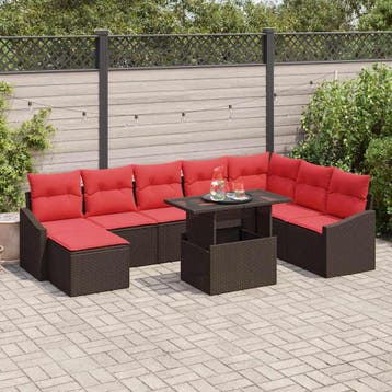 vidaXL Bankstel 9 st Bruin en Rood poly rattan, Verzenden, Nieuw