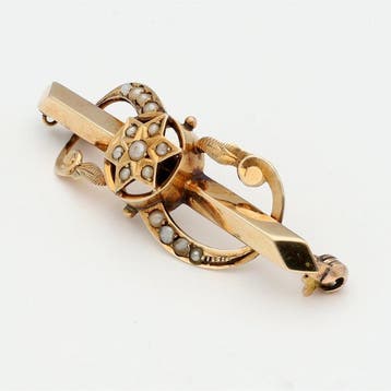 Broche - 14 karaat Geel goud Parel, Handtassen en Accessoires