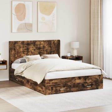 vidaXL Bedframe met opbergruimte en hoofdbord Gerookt eiken, Verzenden